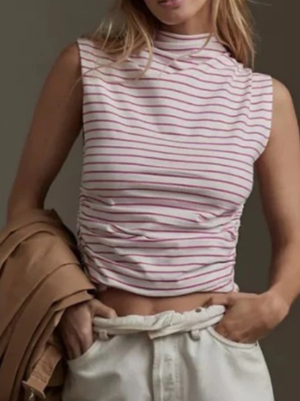 Maeve Pink Strip Mock Neck Rouched Tank